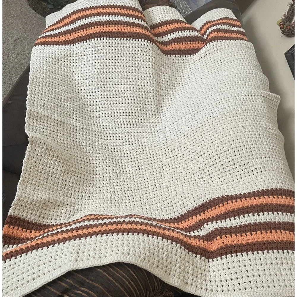 Handmade Ivory Peach Brown Crochet Vtg Fall Afghan Throw Blanket Striped 44